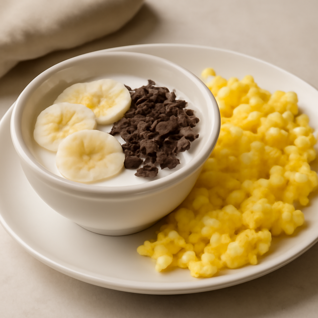 Coppetta di yogurt alla banana con cioccolato fondente e uova strapazzate dolci