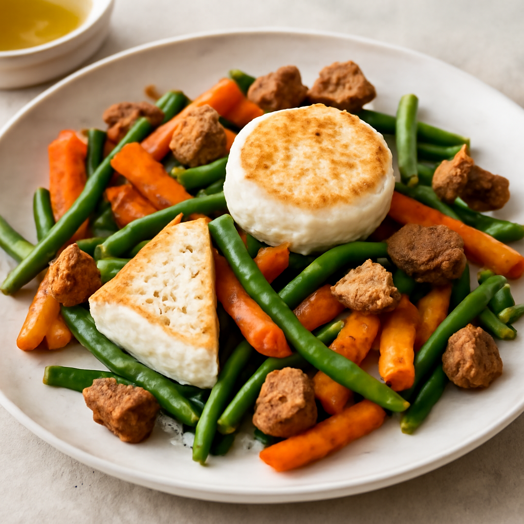 Insalata tiepida di carote, fagiolini, tomino, primo sale e crostini integrali