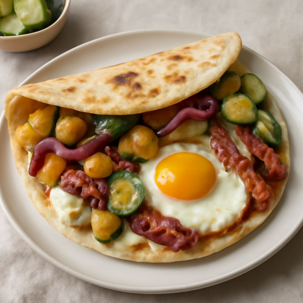 Piadina farcita con uova, pancetta, patate, cipolla, zucchine e mozzarella