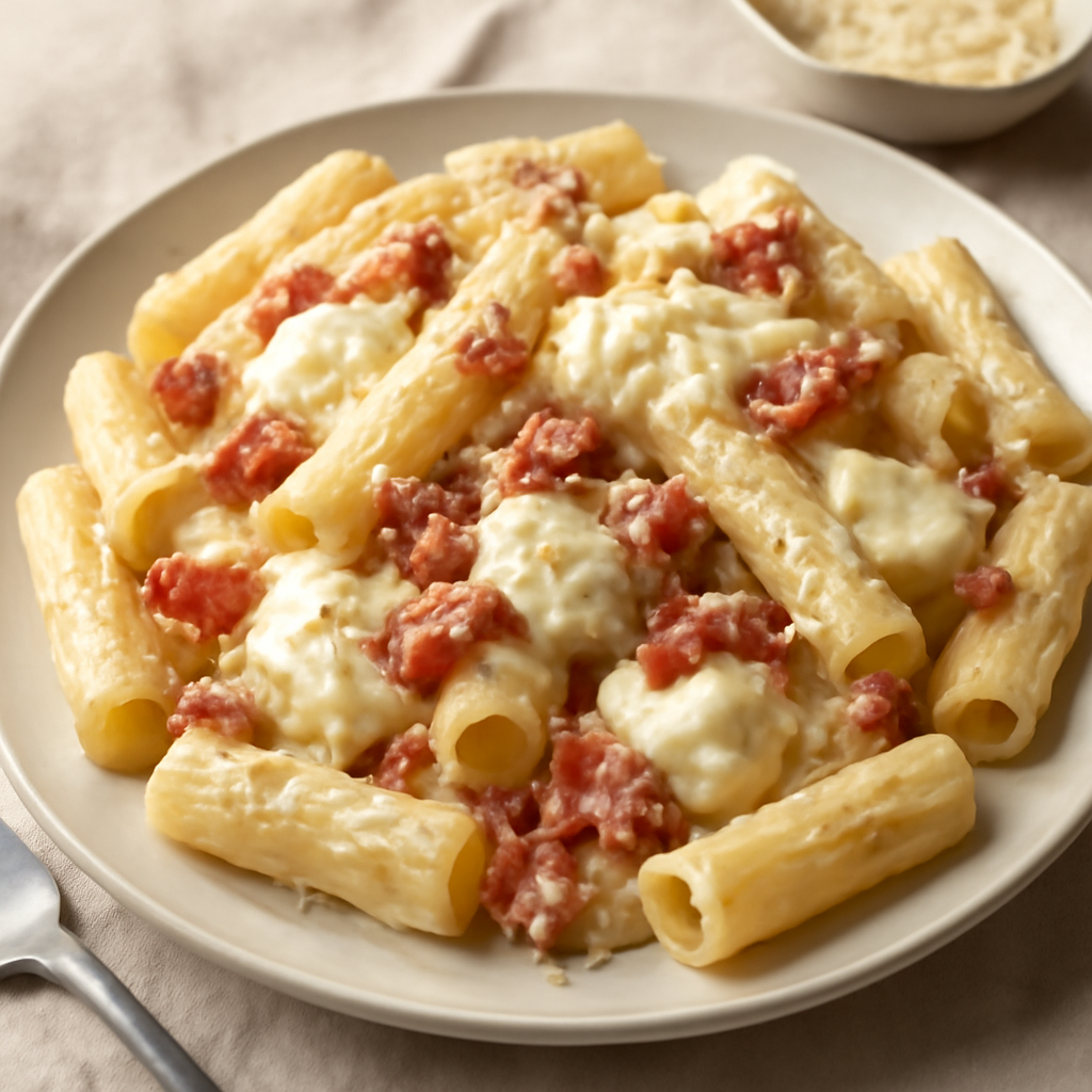 Pasta cremosa con mozzarella, pancetta e formaggio