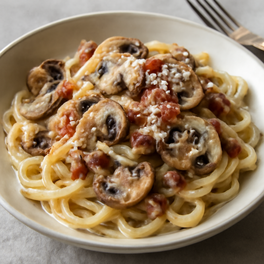 Pasta cremosa con funghi, pancetta e parmigiano