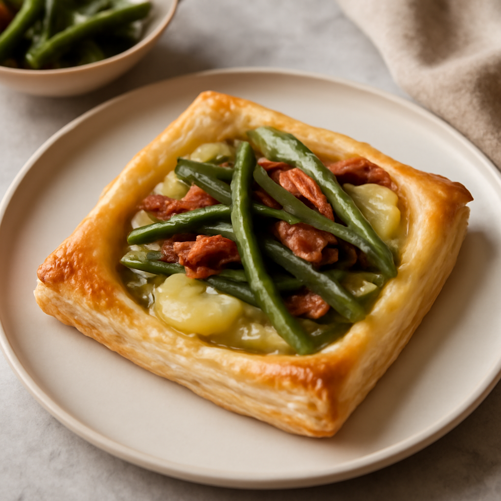 Tortino di patate, fagiolini e speck in pasta sfoglia
