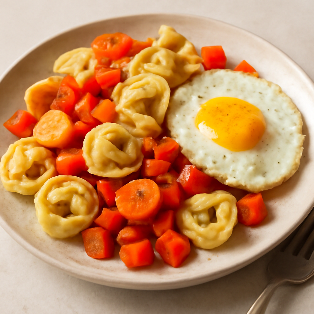 Tortellini con carote, peperoni e uovo