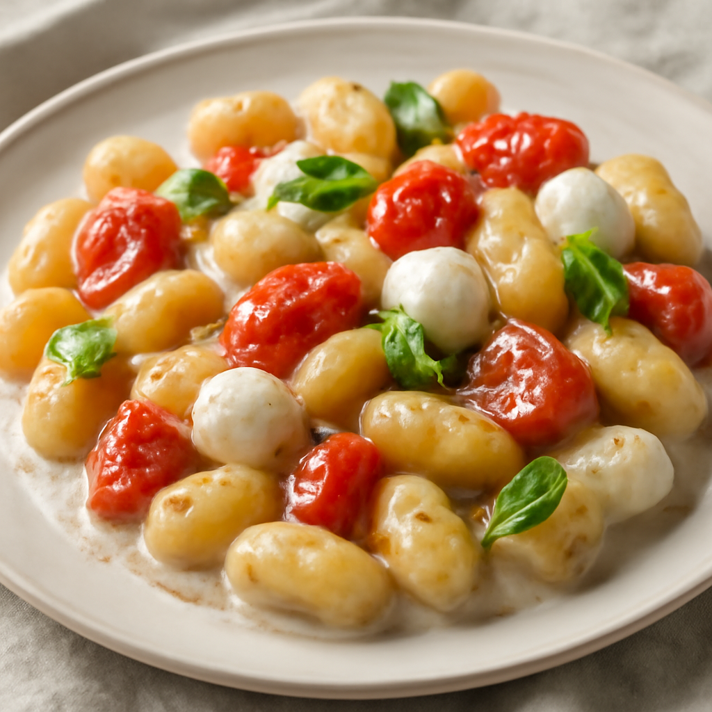 Gnocchi con panna, datterini e mozzarella