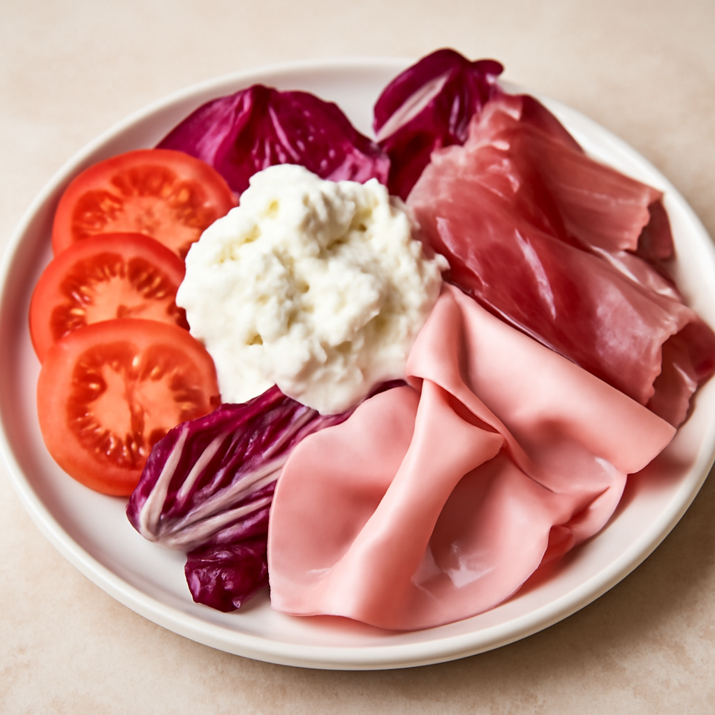 Insalata di stracciatella, speck, mortadella, pomodoro e radicchio