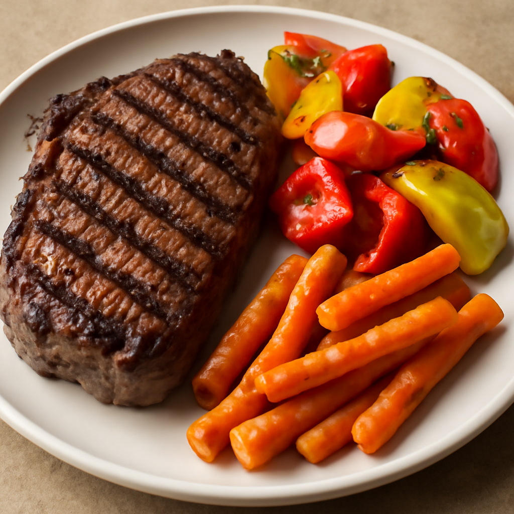 Bistecca alla griglia con contorno di peperoni e carote