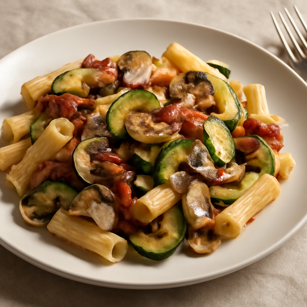 Pasta con guanciale, zucchine e funghi