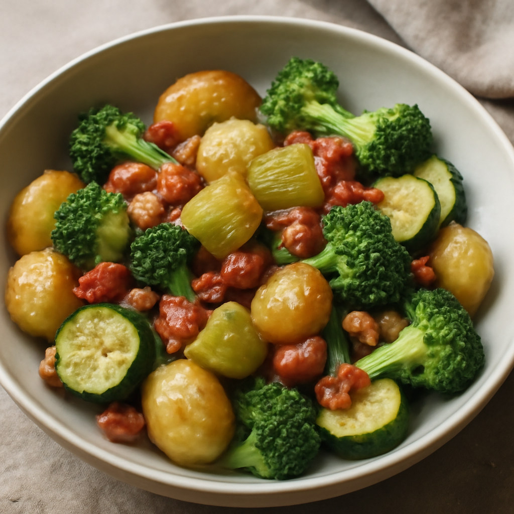 Padellata di porro, patate, zucchine, guanciale e broccoli