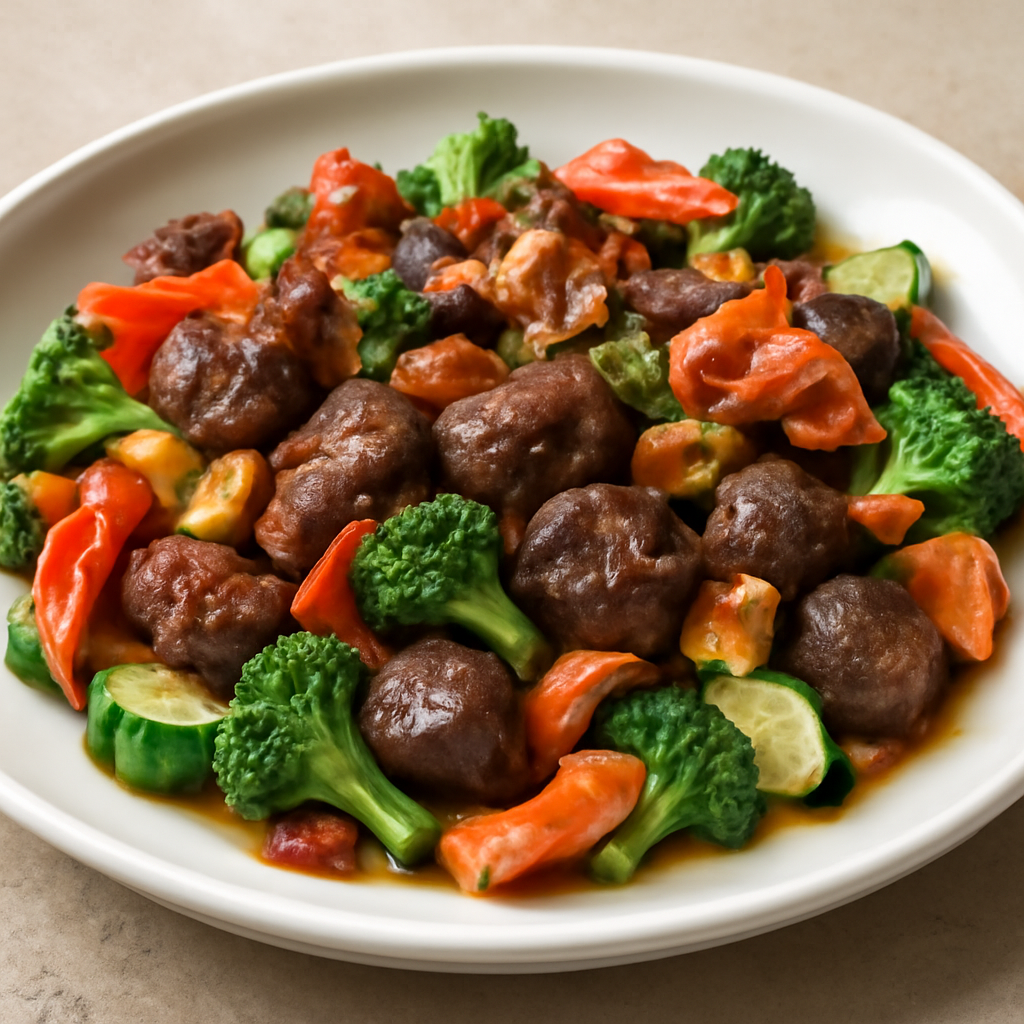 Saltato di manzo con verdure e guanciale