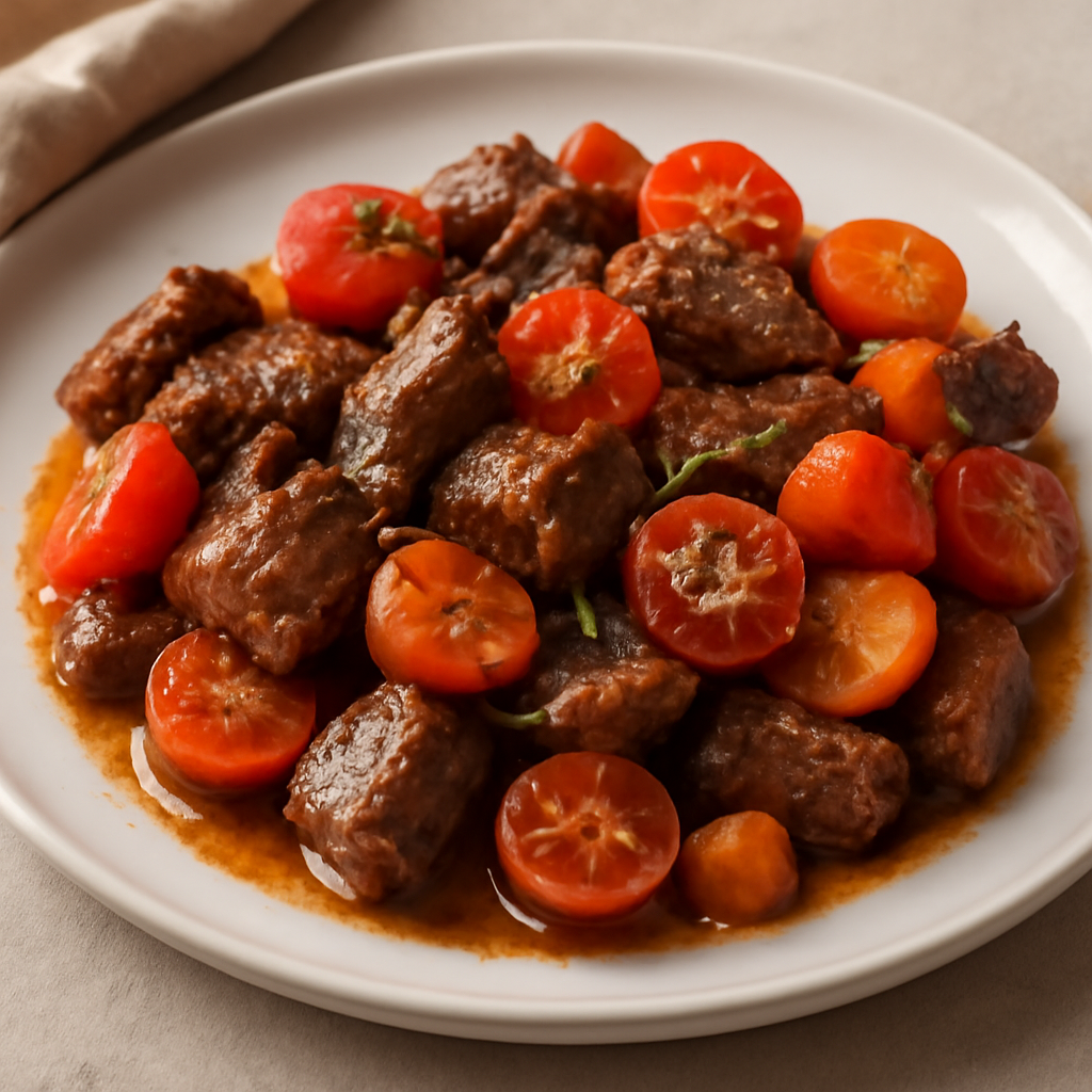 Manzo saltato con pomodori e carote