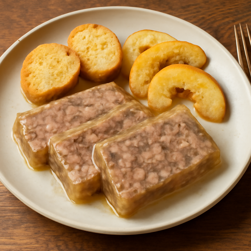 Pane con carne in gelatina, patate e mele