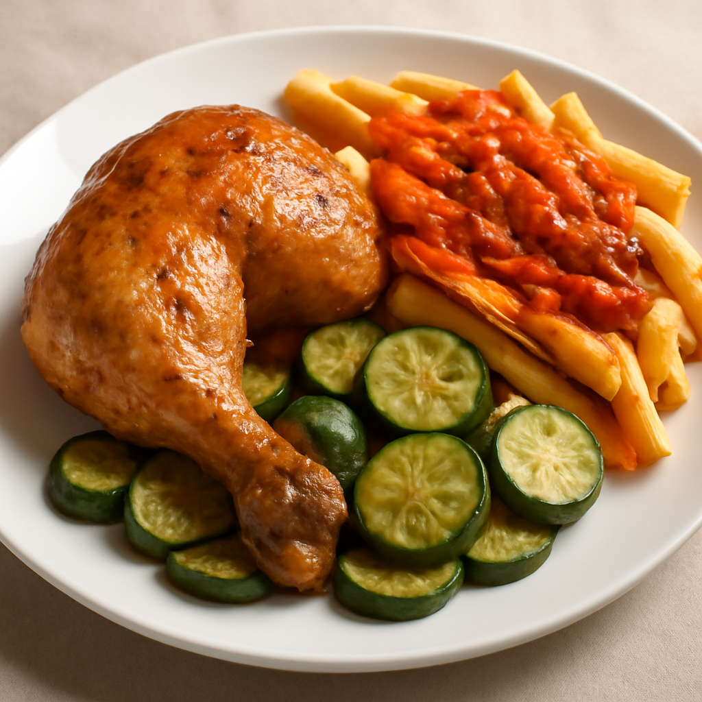 Coscia di pollo con zucchine e pasta al sugo