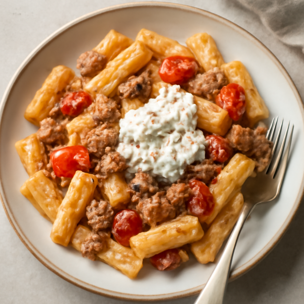 Pasta cremosa con salsiccia, pomodorini e stracciatella