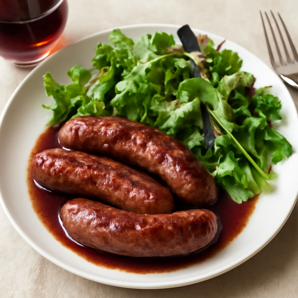 Salsicce al vino rosso con insalata fresca