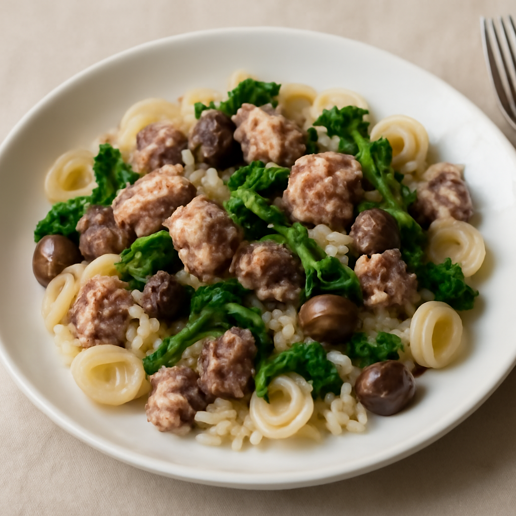 Riso e pasta con tonno, salsiccia, cime di rapa e olive taggiasche