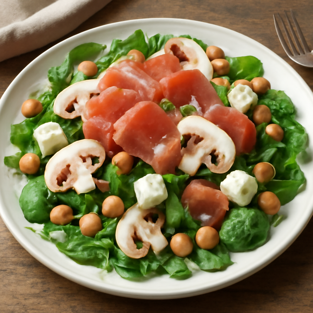 Insalata ricca con ceci, feta, funghi e prosciutto
