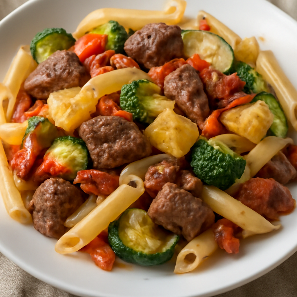 Pasta saltata con carne, pancetta, verdure e ananas