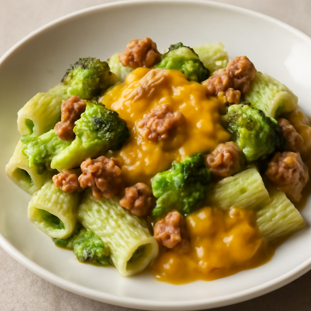 Pasta con crema di broccoli, salsiccia e salsa di pomodoro giallo