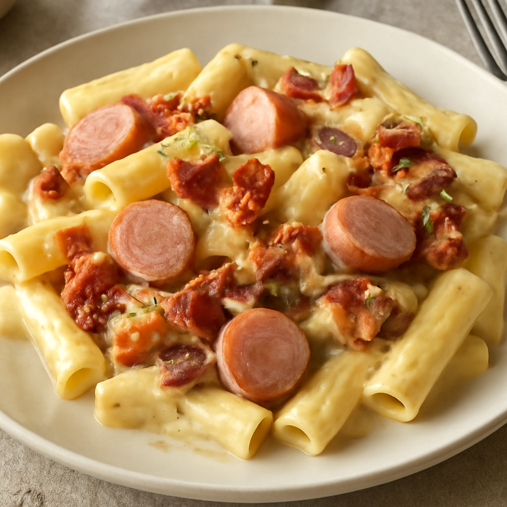 Pasta cremosa con wurstel e pancetta