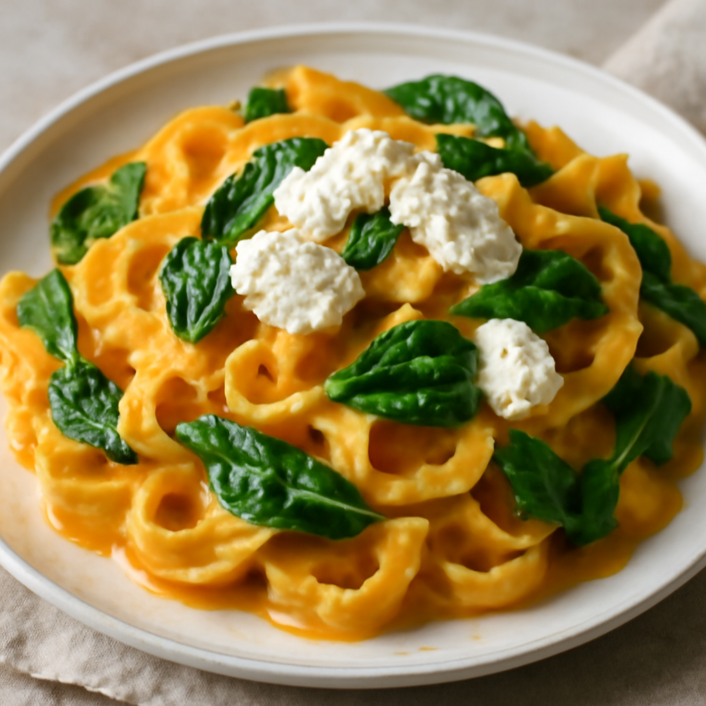 Pasta fresca con crema di zucca, spinaci e ricotta