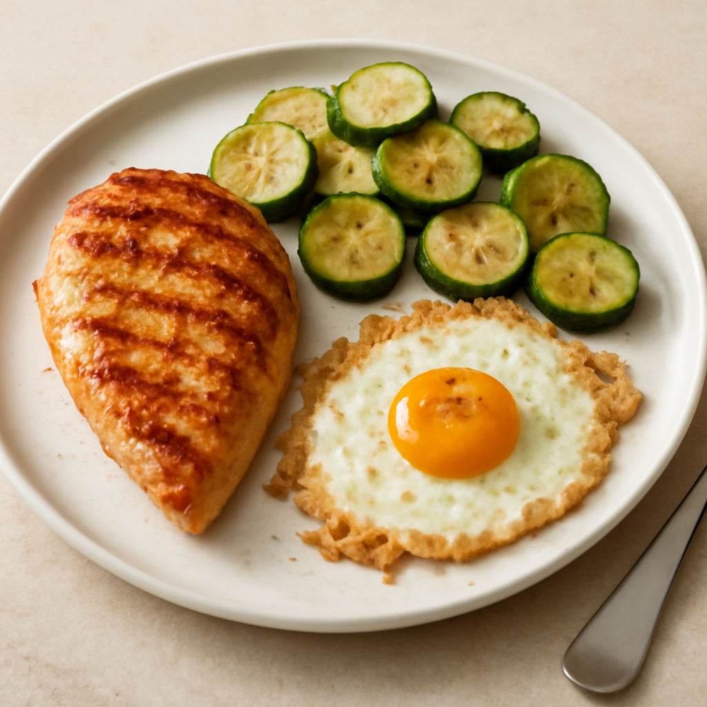 Bistecca di pollo con zucchine e uovo al parmigiano