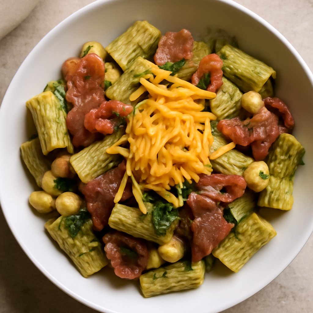 Pasta con speck, fagioli, pesto e cheddar