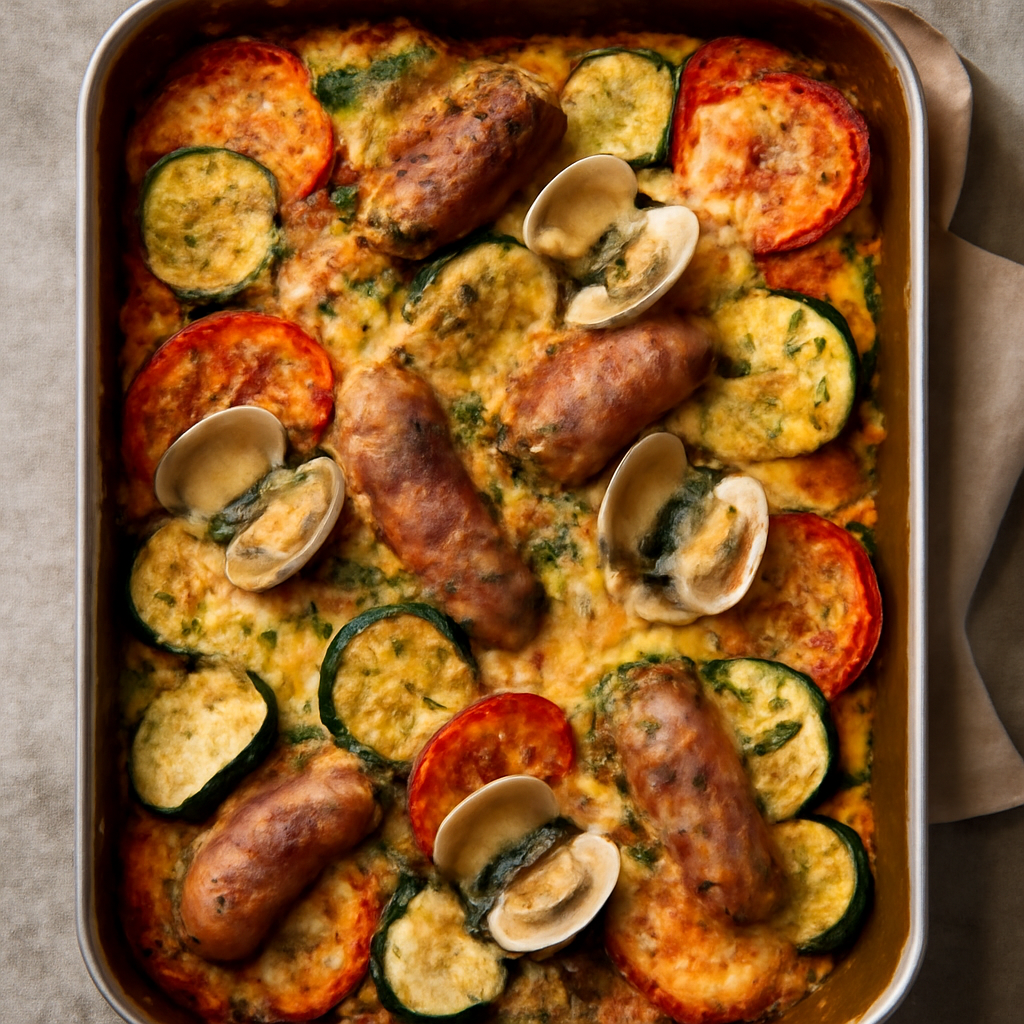 Teglia di verdure gratinate con salsiccia, vongole e formaggi