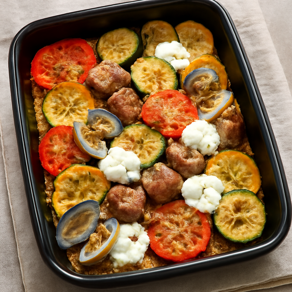 Teglia di verdure gratinate con salsiccia, vongole e stracchino