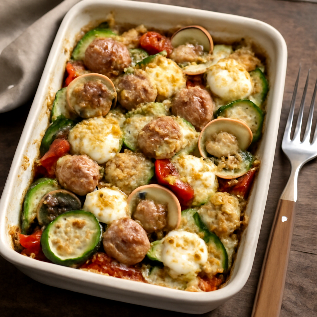 Teglia di verdure gratinate con salsiccia, vongole e stracchino