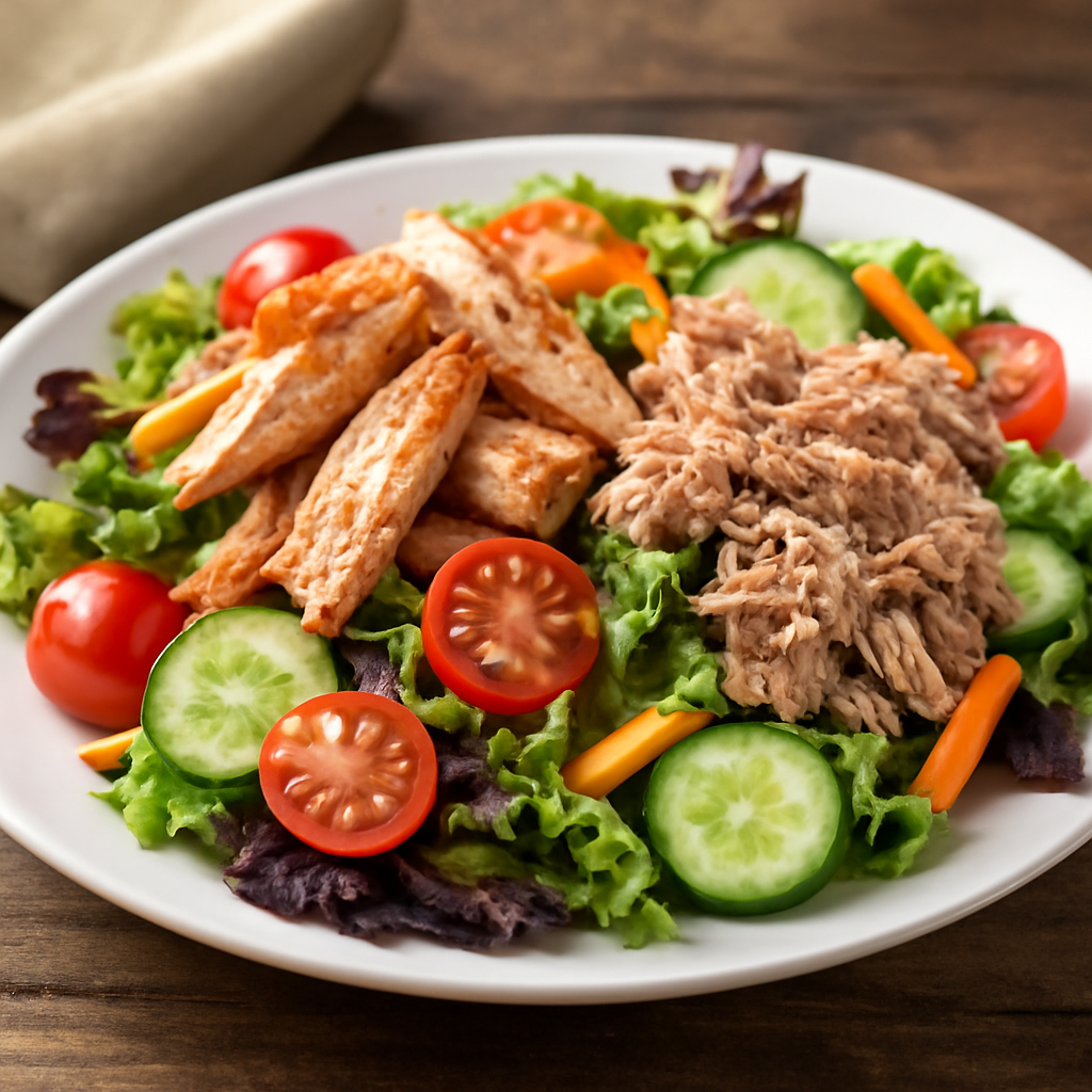 Insalata ricca di pollo, tonno e verdure