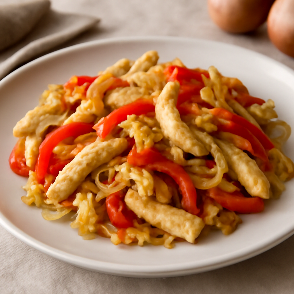 Straccetti di pollo con uovo, cipolla e peperone