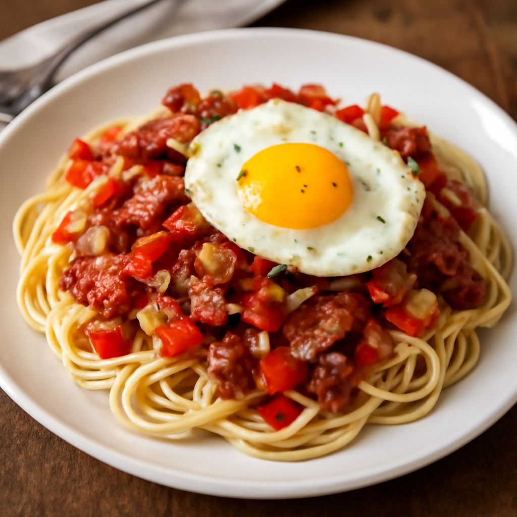 Pasta con uovo, pancetta, peperone e cipolla