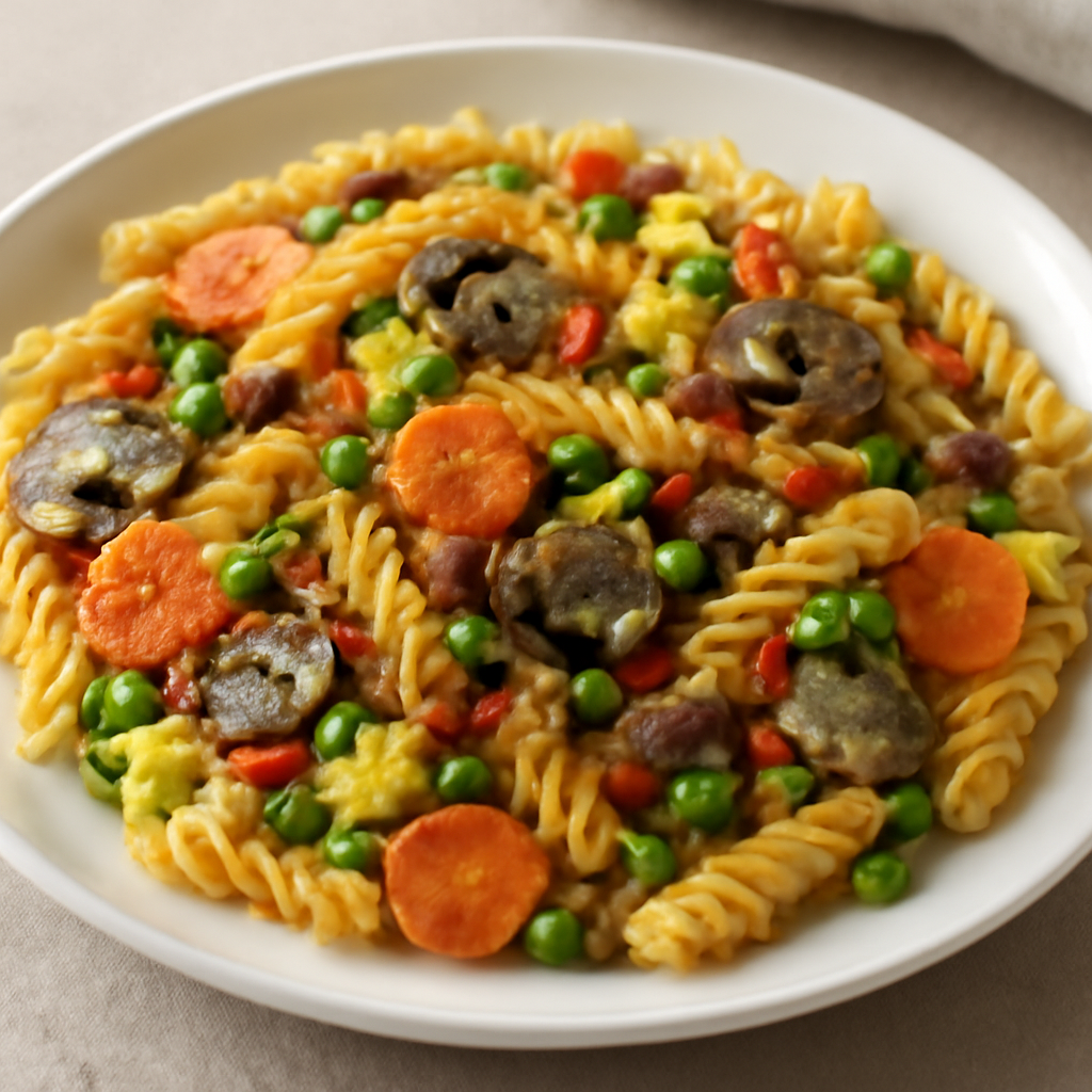 Fusilli con carote, funghi, piselli, pancetta e zafferano