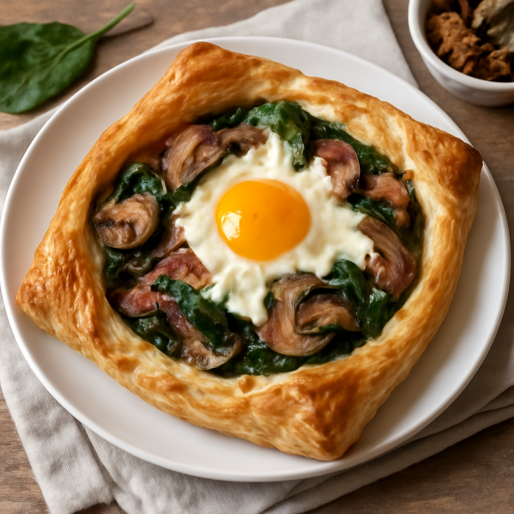 Tortino di pasta sfoglia con pancetta, funghi, spinaci, uova e mozzarella