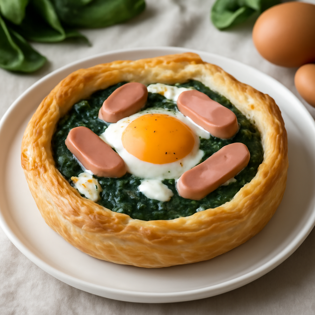 Tortino di pasta sfoglia con spinaci, uovo, mozzarella e wurstel