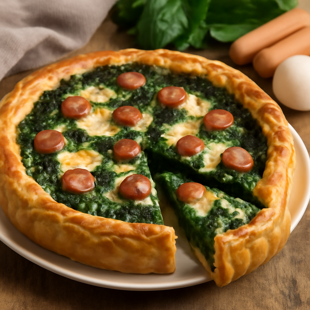 Torta salata di spinaci, wurstel e mozzarella