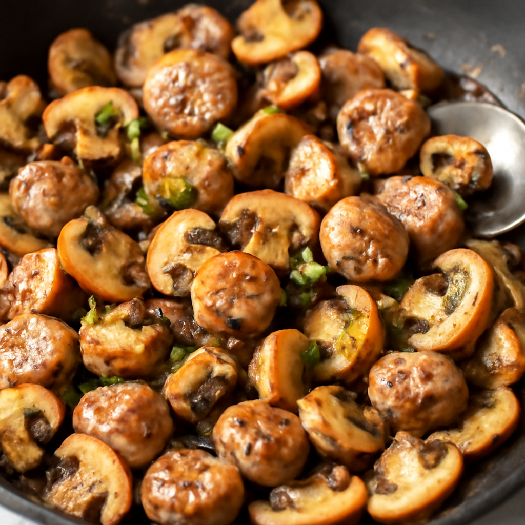 Salsiccia e funghi champignon in padella