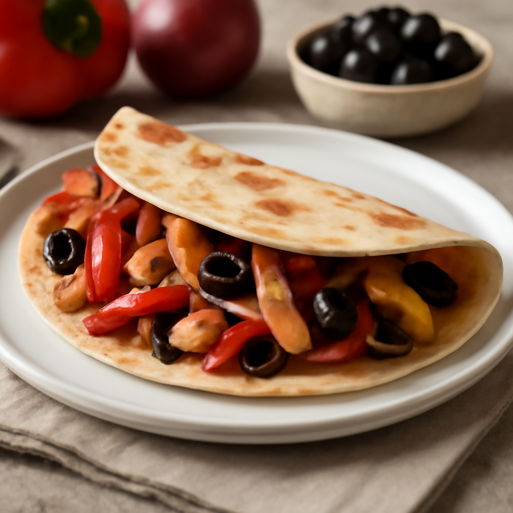 Piadina con straccetti di pollo, peperoni, cipolle e olive