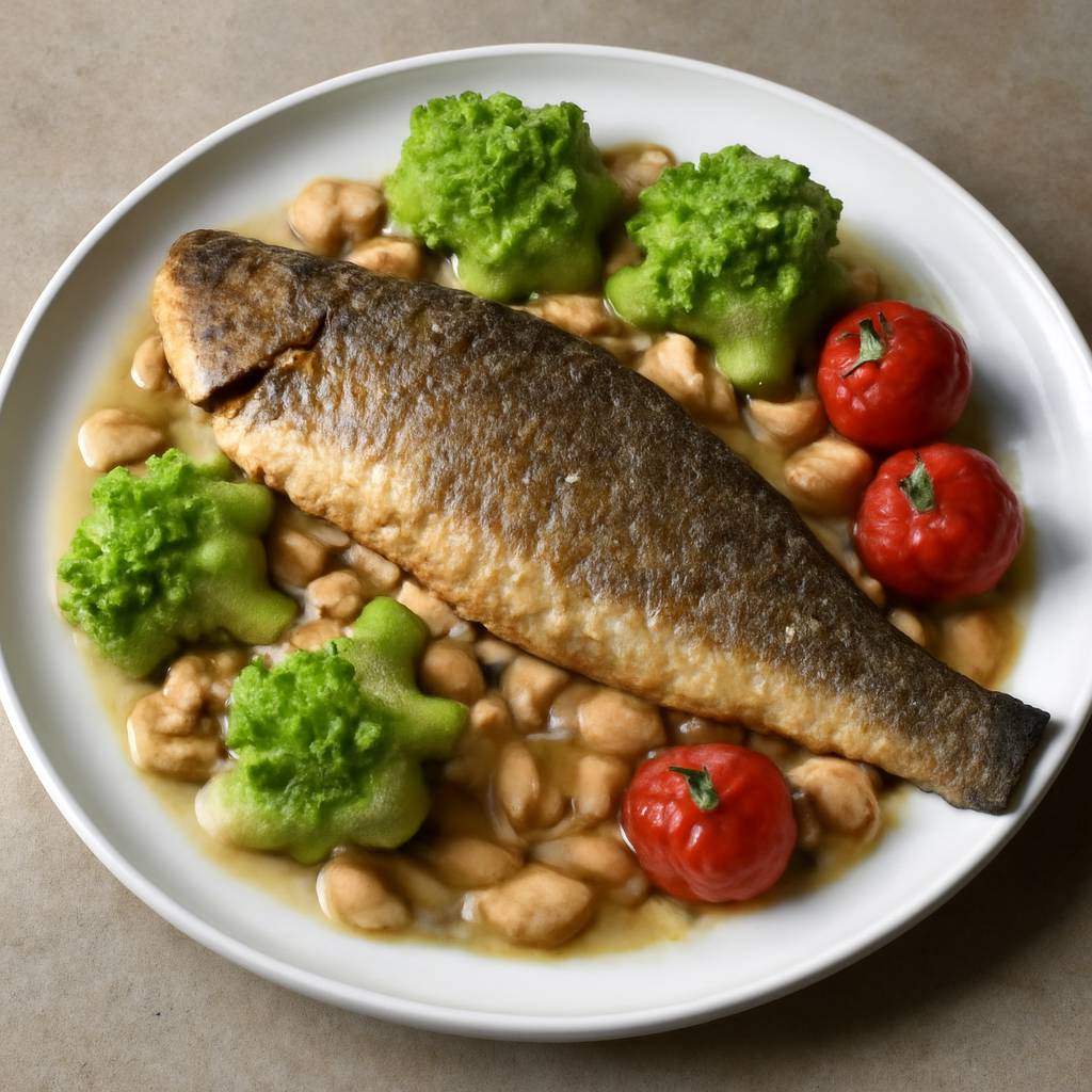 Branzino con fagioli cannellini, cavolo romano e pomodori