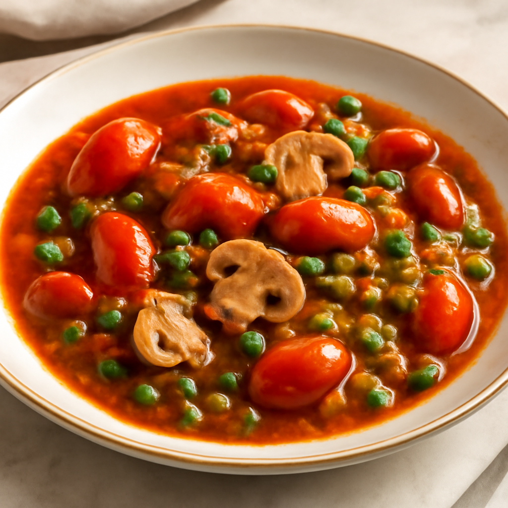 Sugo di datterini, funghi champignon e piselli