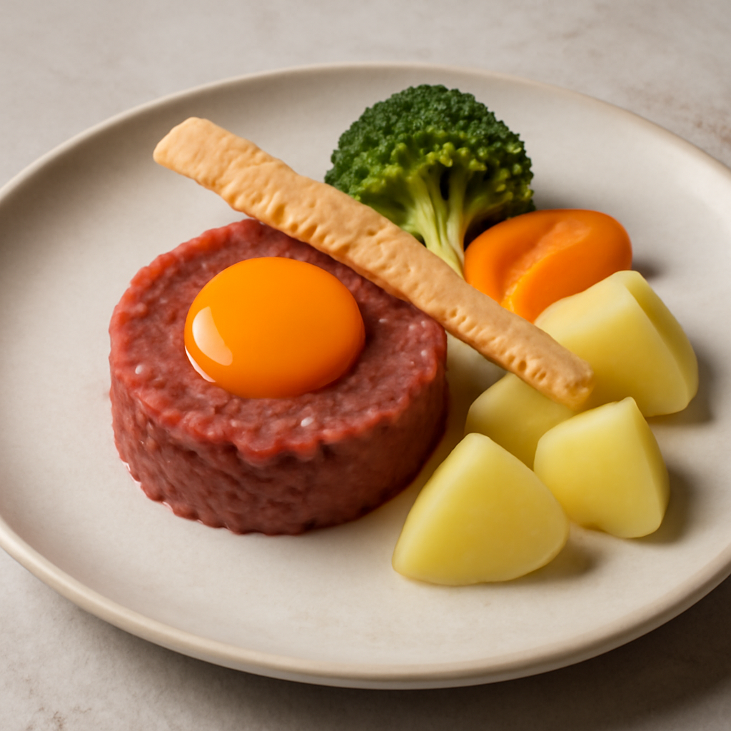 Tartare di scottona con uovo, broccoli, carote, patate e croccante di pasta sfoglia