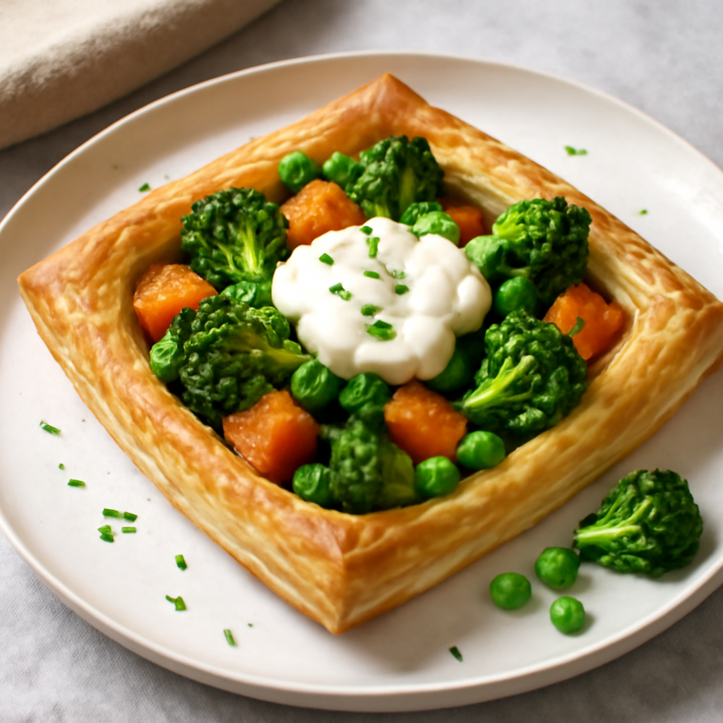 Tortino di pasta sfoglia con patate dolci, broccoli, piselli e panna acida