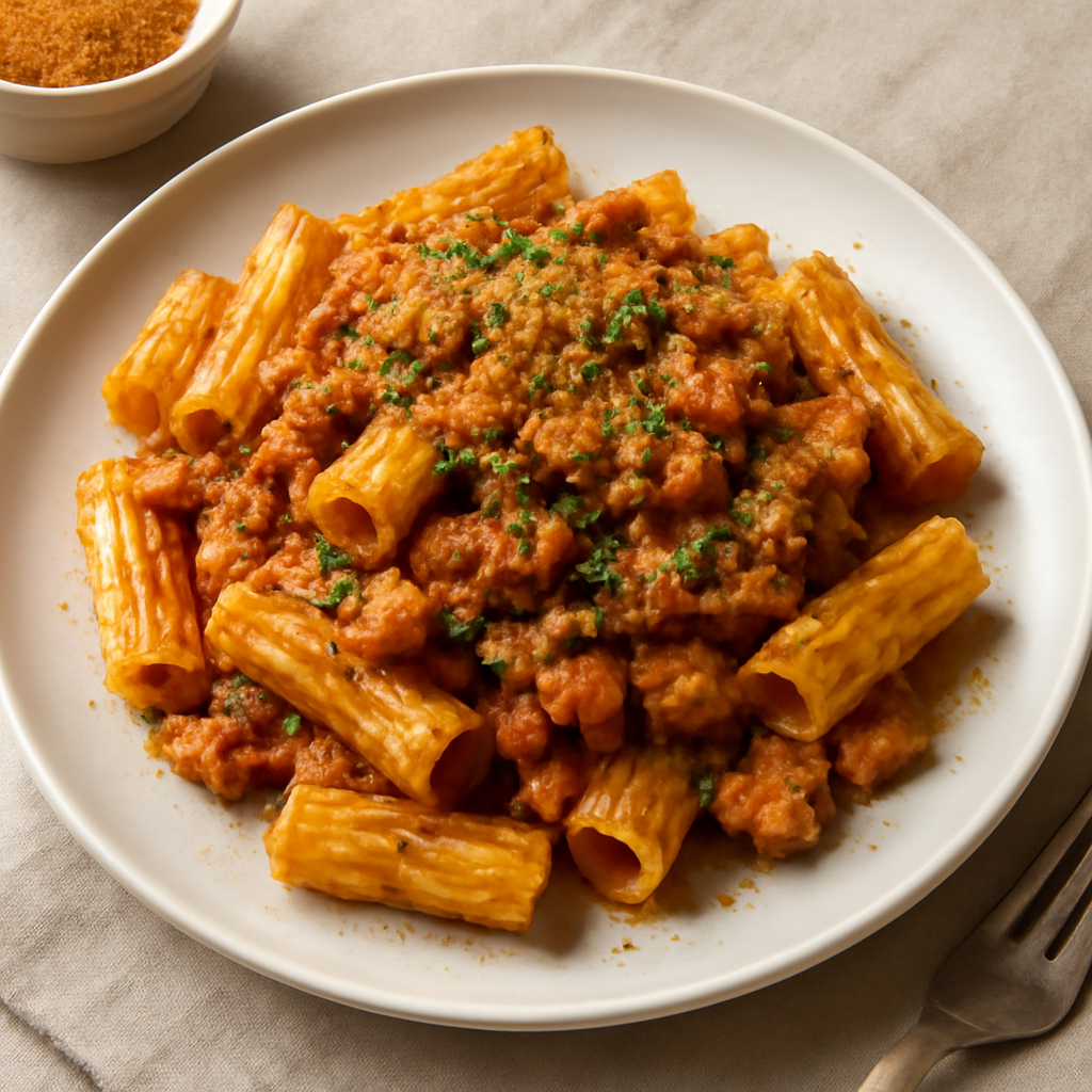 Pasta al ragù con pancetta dolce e pangrattato