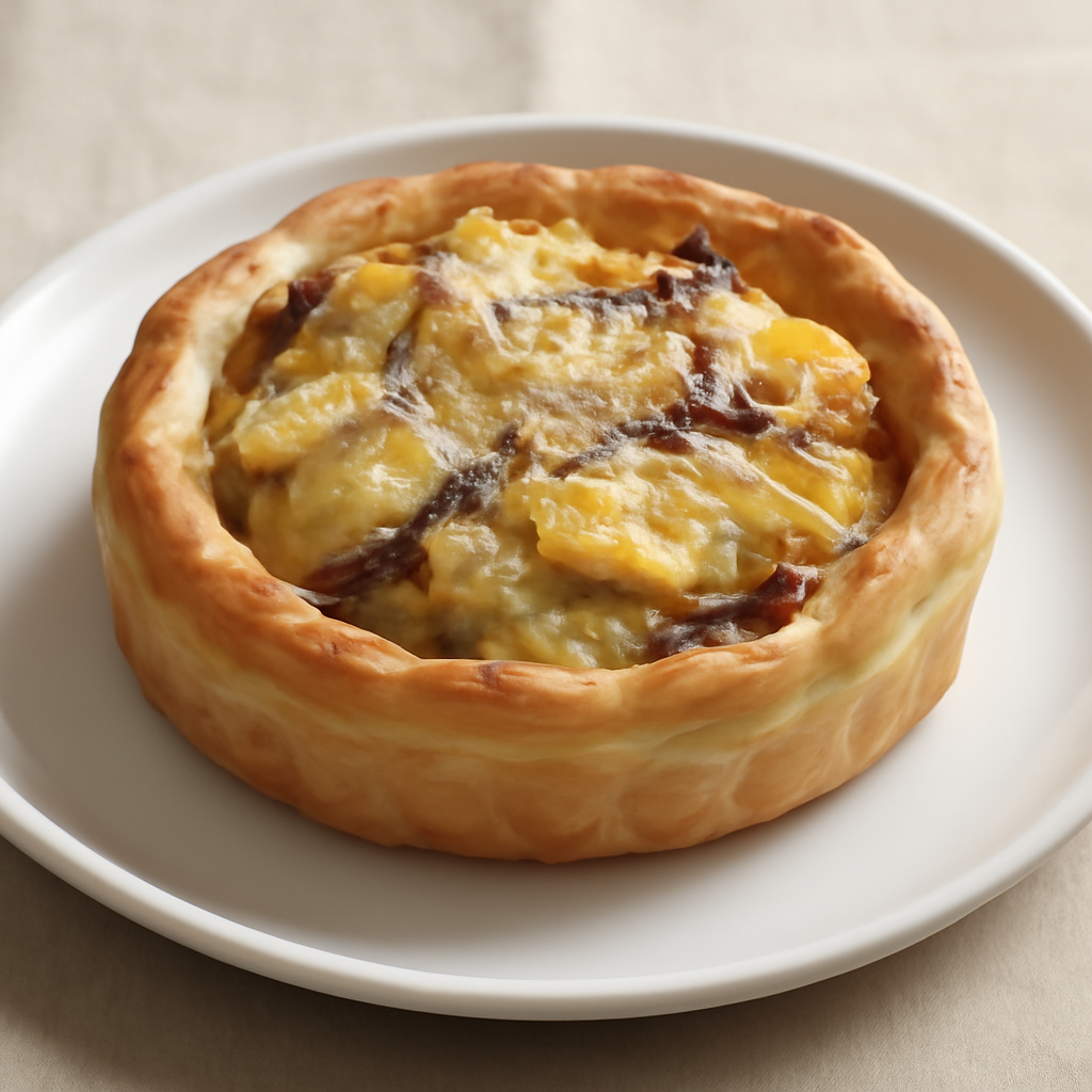 Tortino di pasta sfoglia con patate, cipolla, uova e pecorino