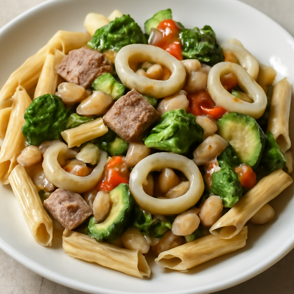 Pasta con tonno, calamari, fagioli e verdure