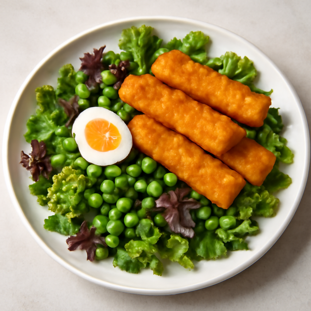 Insalata ricca con bastoncini di pesce, piselli e uovo sodo