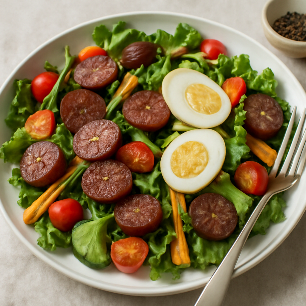 Insalata ricca con salsiccia di manzo, uova e verdure