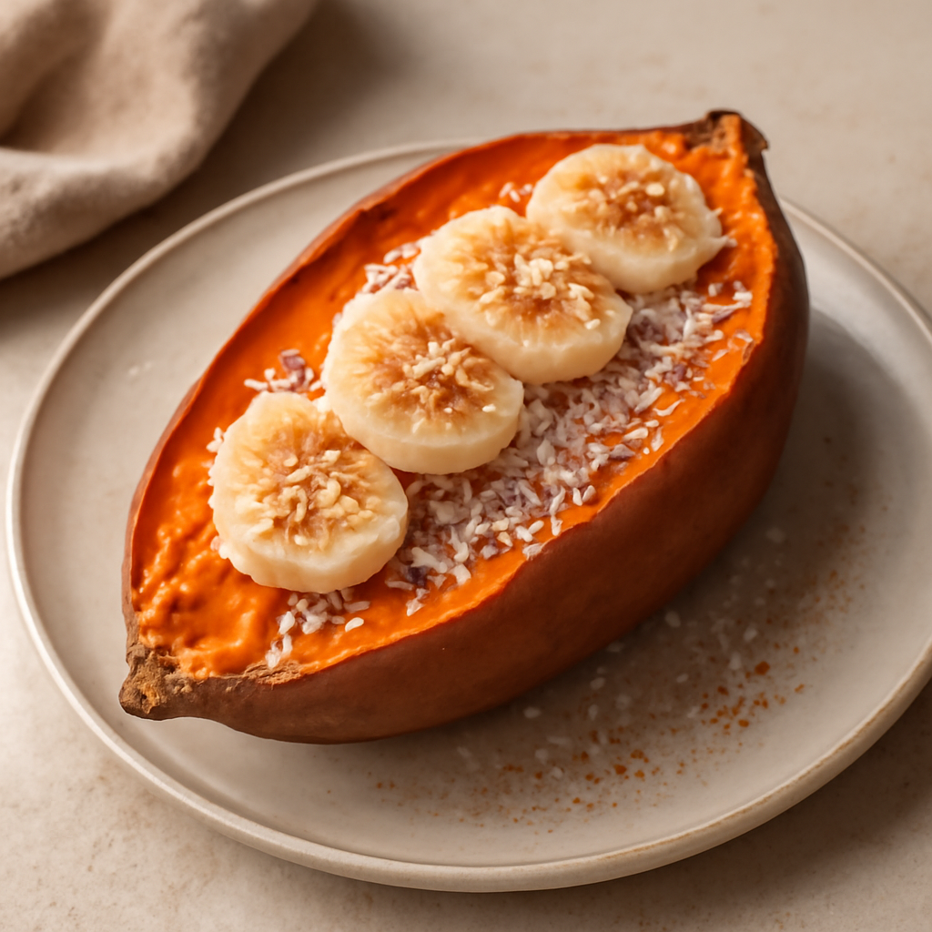 Patata dolce al forno con banana, cocco e cannella