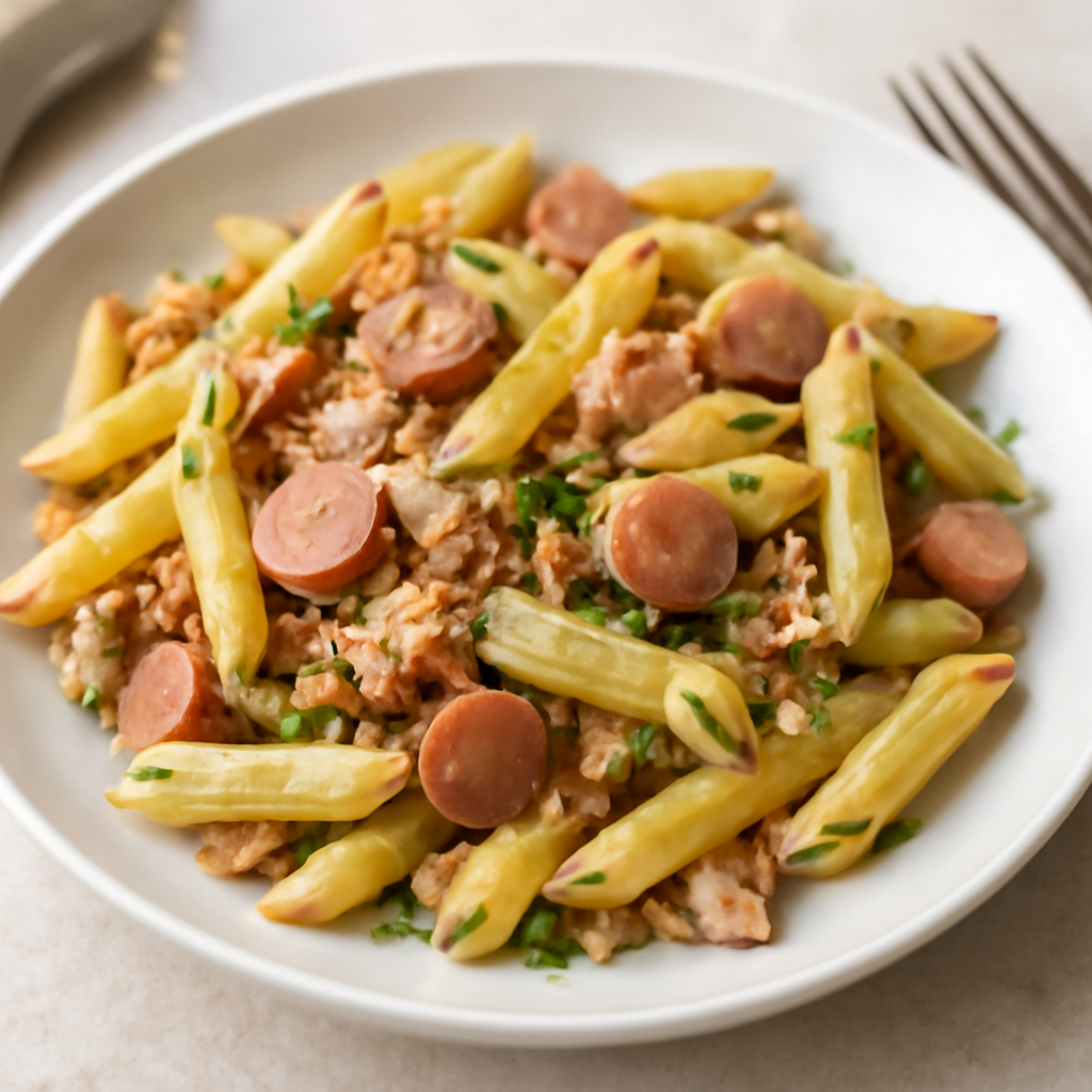 Pasta con tonno, wurstel e prezzemolo
