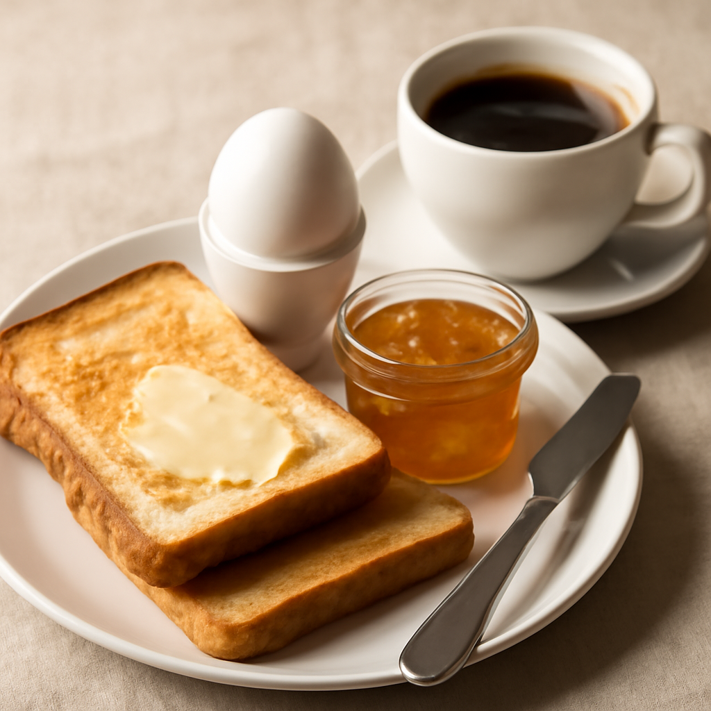 Colazione classica con pane, burro, marmellata, uovo e caffè